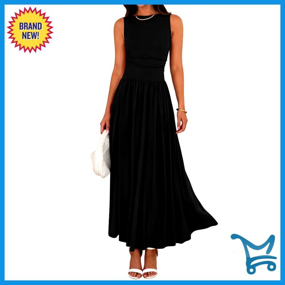 Sleeveless Maxi Dress Ruched High Waist Flowy Casual Beach Sundress